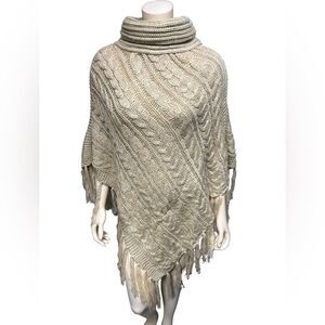 Cable Knit Turtleneck Poncho Sweater Tan Cream Neutral Color Fringe Chunky Knit